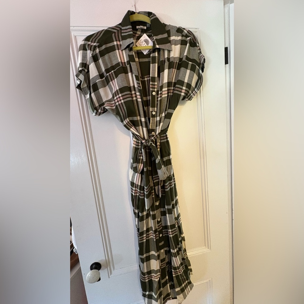 Tie Waste Green Plaid Midi Dress
